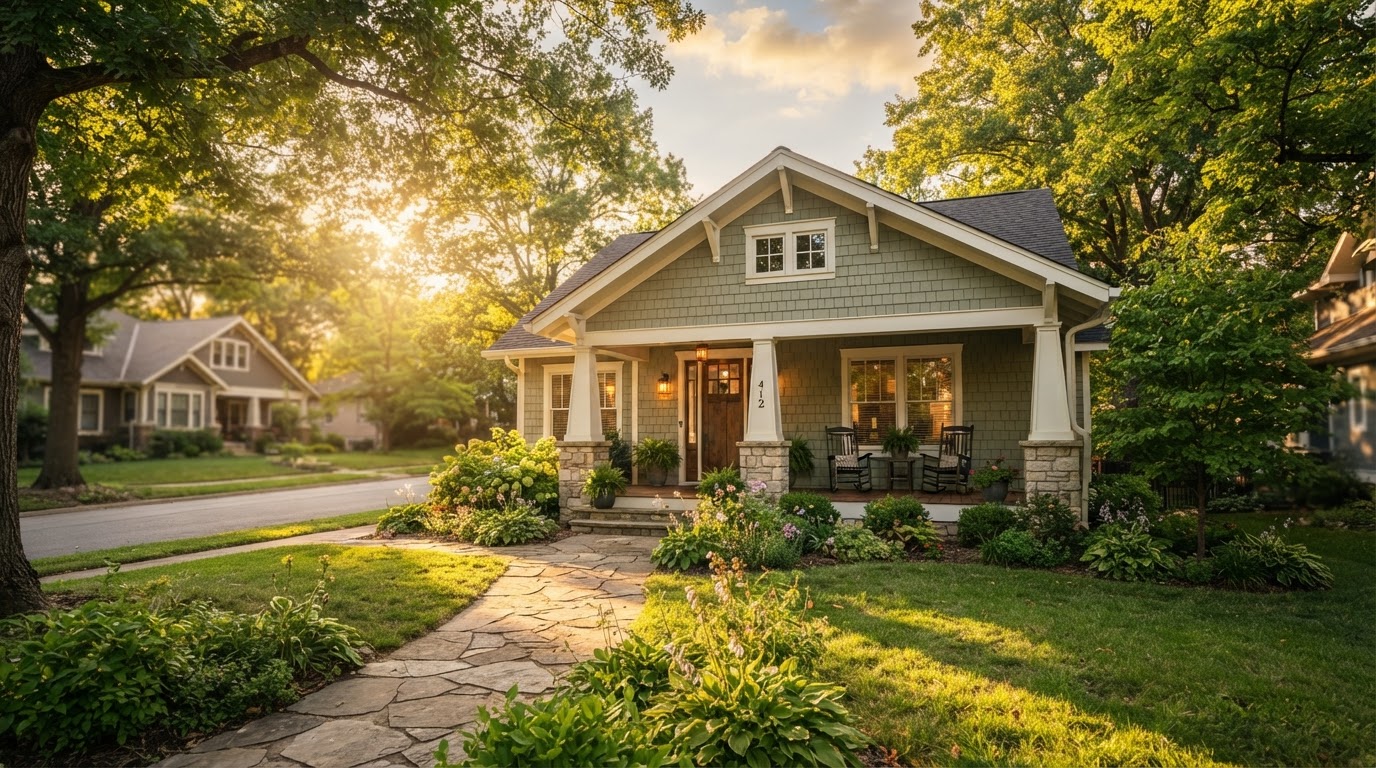 A sunlit single-family investment home in Missouri at golden hour