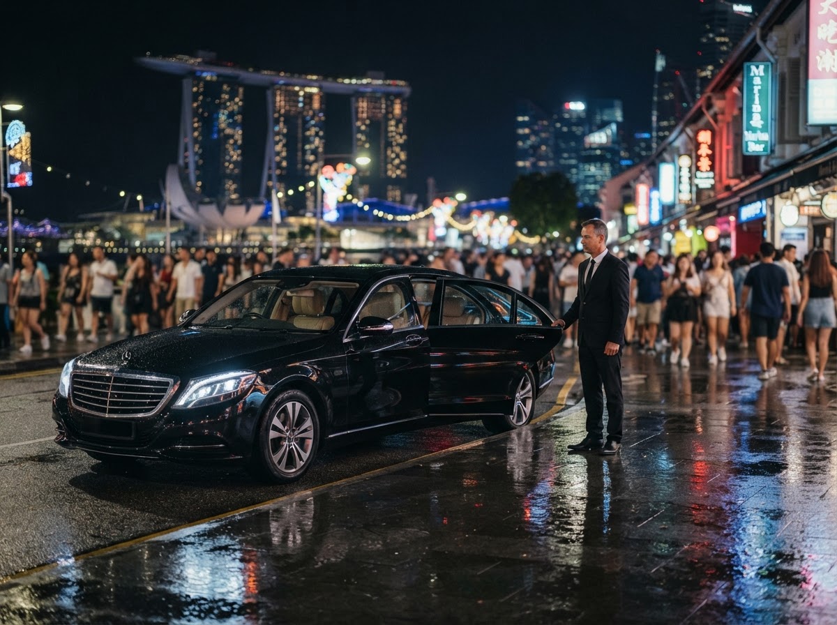 Executive sedan waiting on a Marina Bay street at night