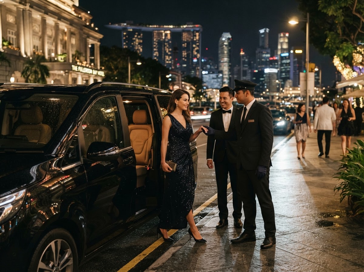 Guests boarding a luxury MPV at night