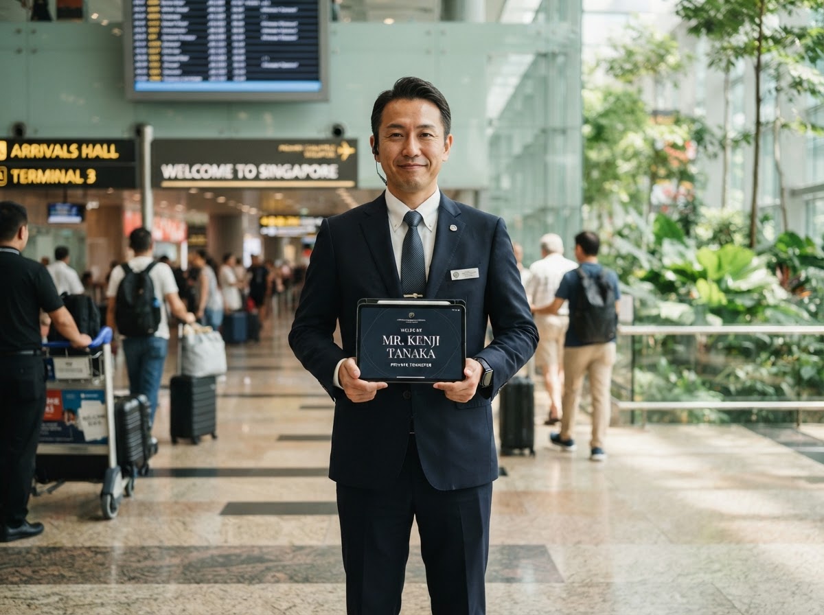 Chauffeur holding a tablet showing a guest name in the arrival hall