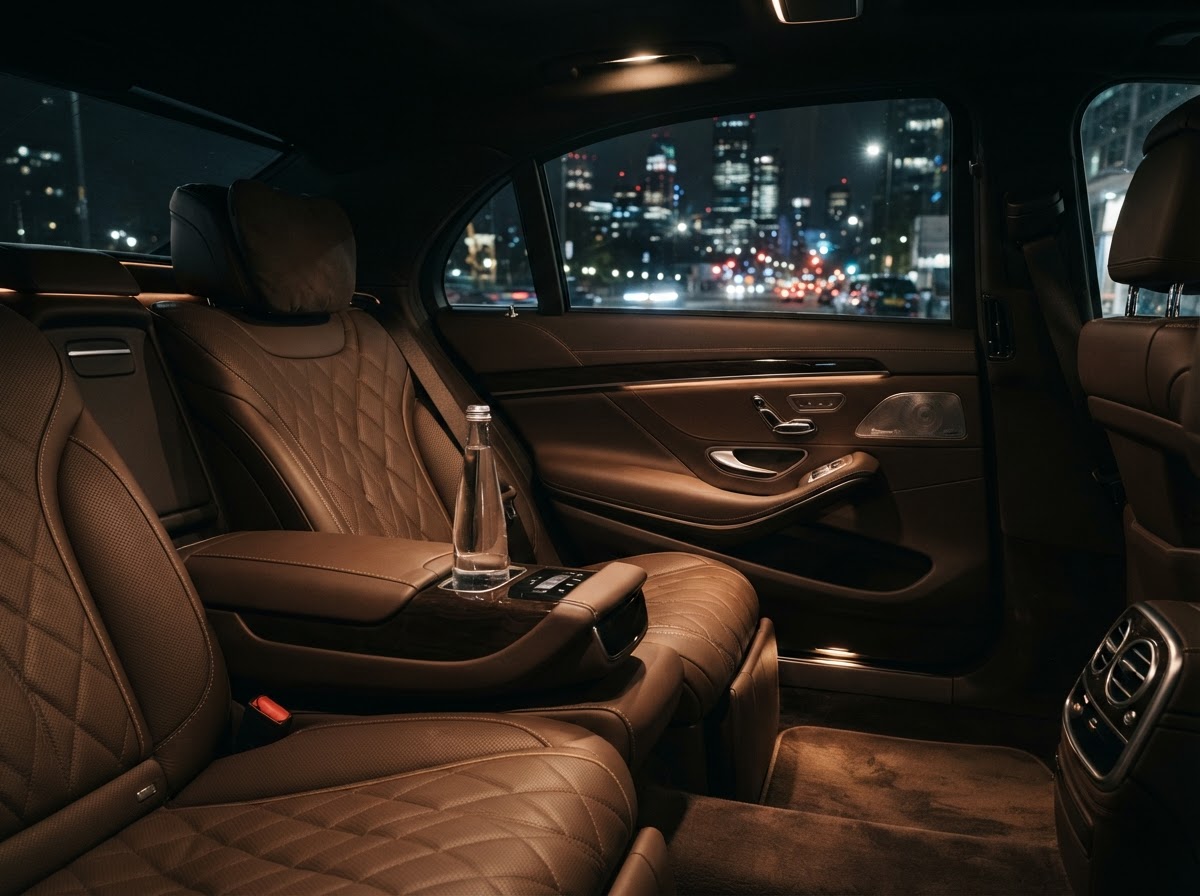 Rear passenger seat of an executive vehicle at night