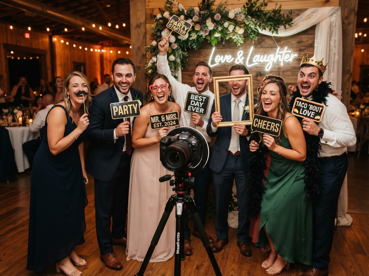 Villa Rica wedding guests using a photo booth