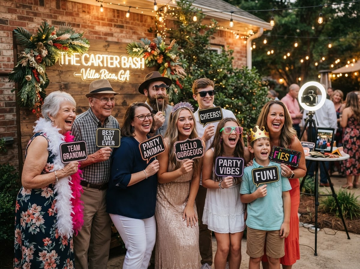 Guests using a party photo booth in Villa Rica