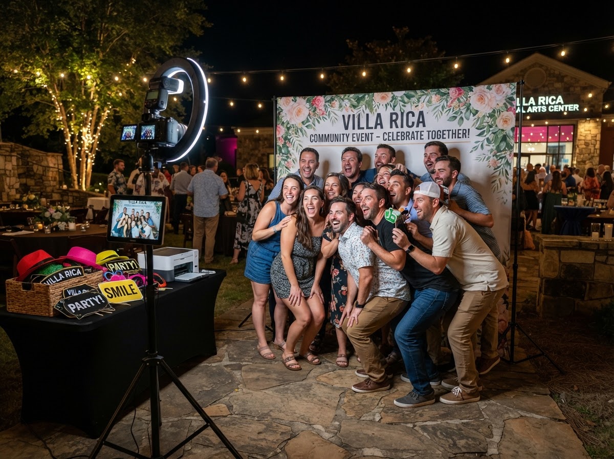 Group using an open-air photo booth in Villa Rica