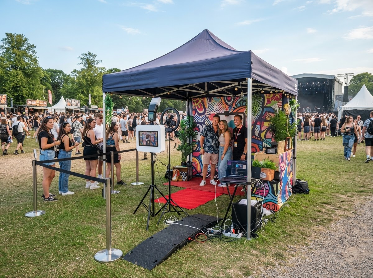 Outdoor festival photo booth setup with covered equipment area