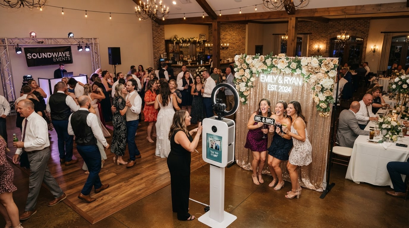 Wedding photo booth setup and guest flow in Douglasville