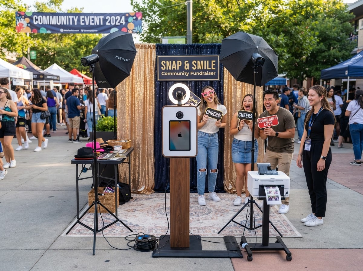 Open-air photo booth setup for a Temple event