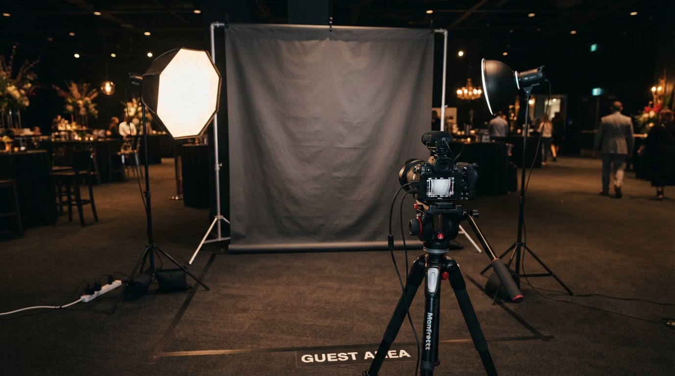 Photo booth backdrop lighting and setup footprint