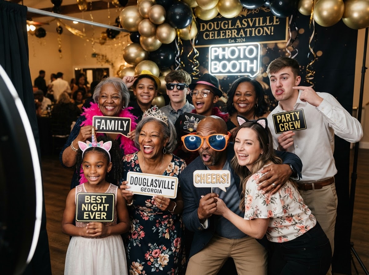 Guests using a party photo booth in Douglasville