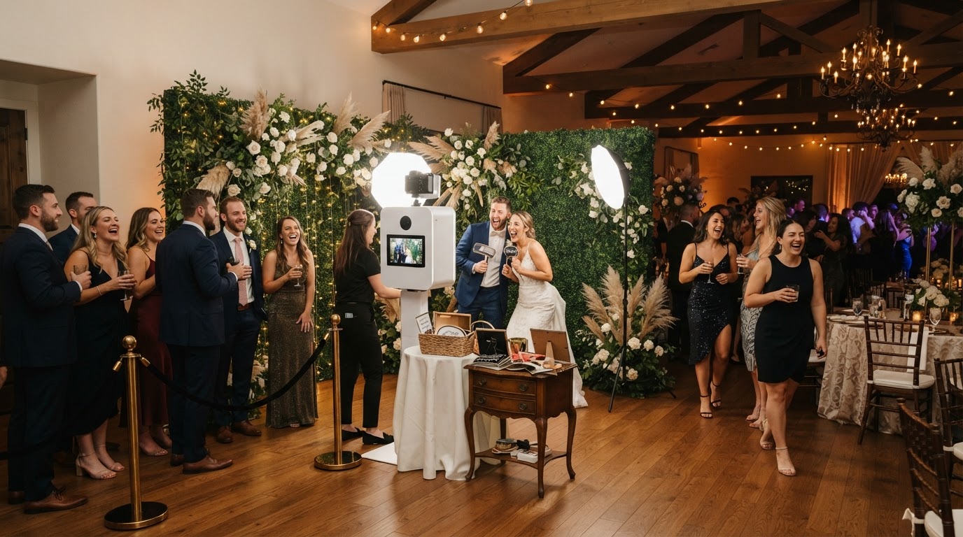 Open-air wedding photo booth setup and guest flow