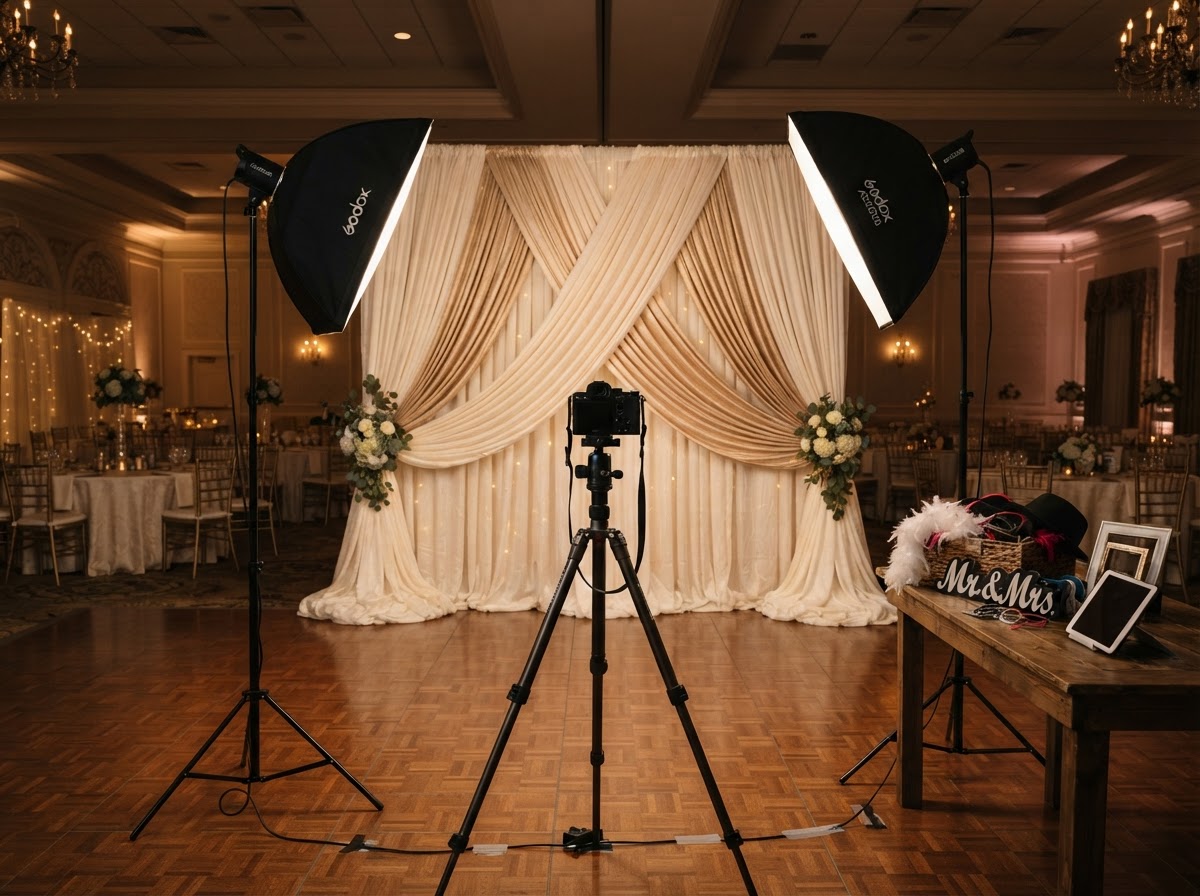 Enclosed wedding photo booth backdrop and lighting setup
