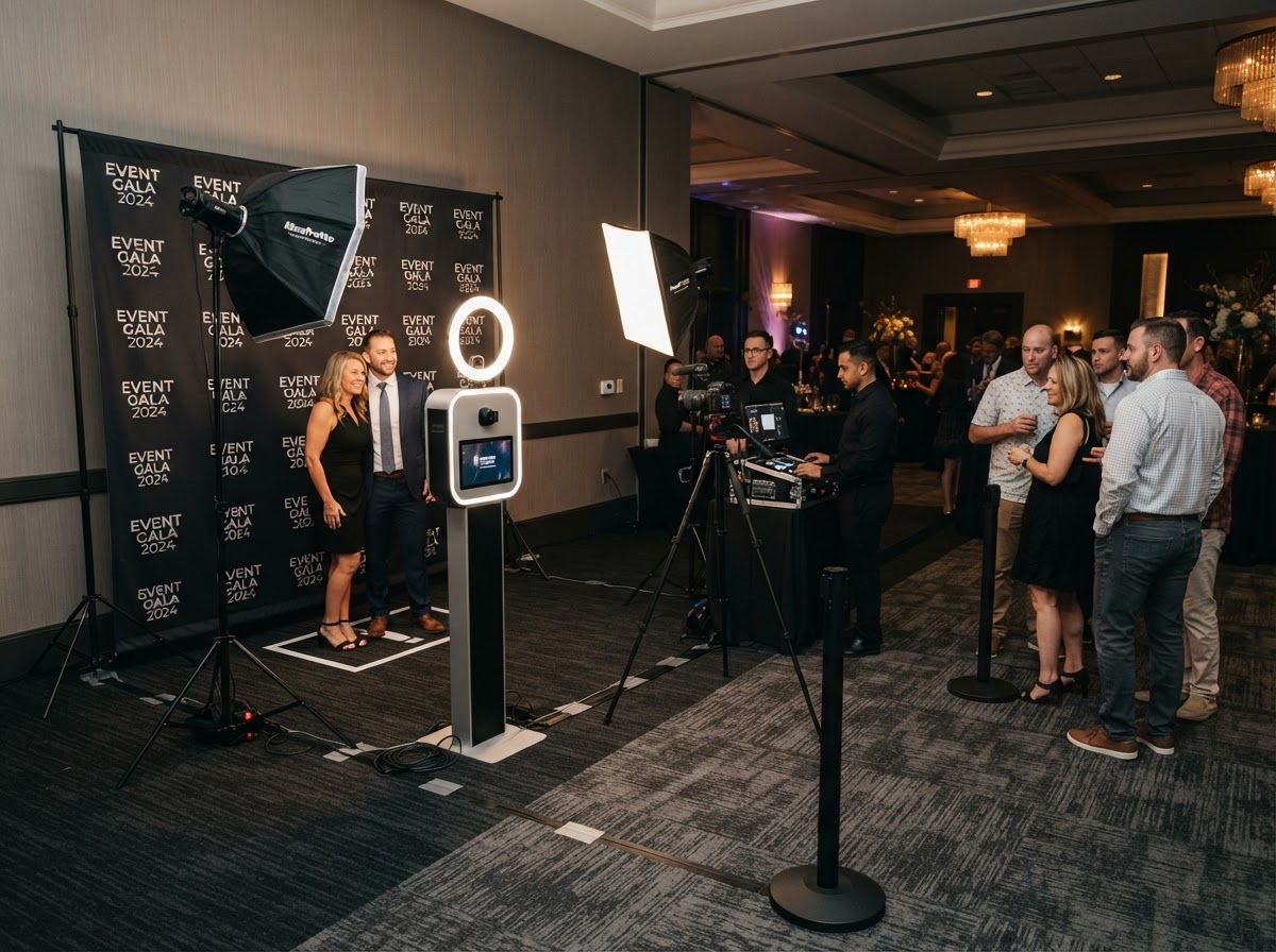 Photo booth setup lighting and guest flow in Villa Rica