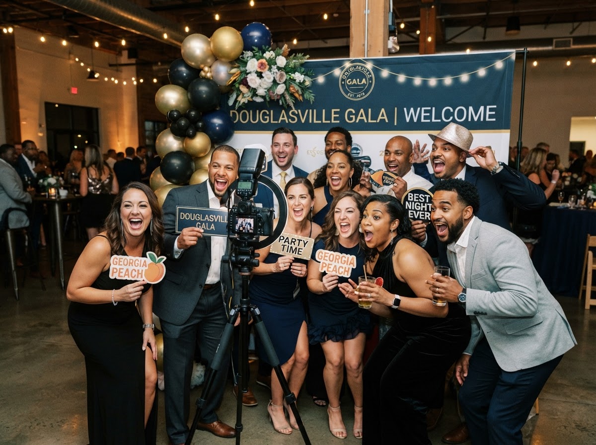 Group using an open-air photo booth in Douglasville