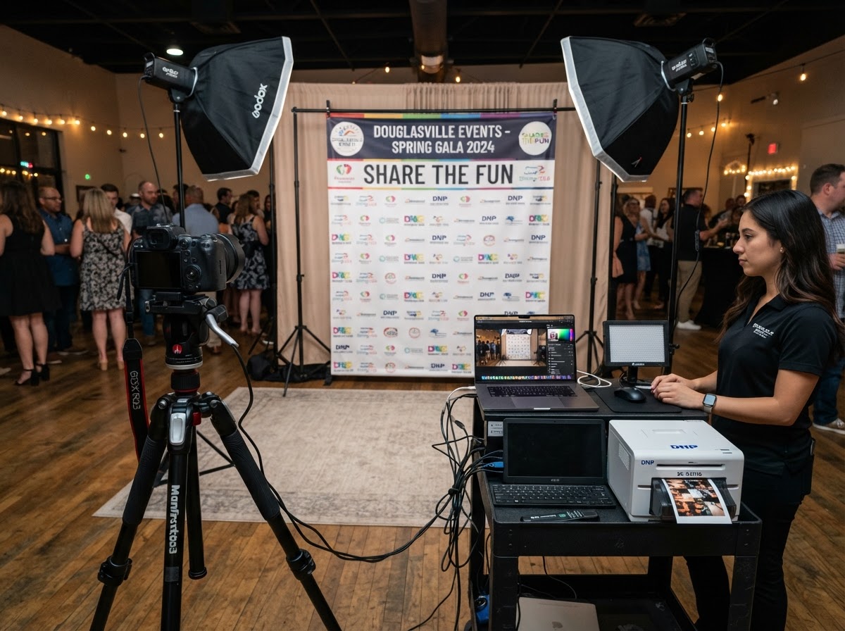Open-air photo booth lighting and backdrop in Douglasville