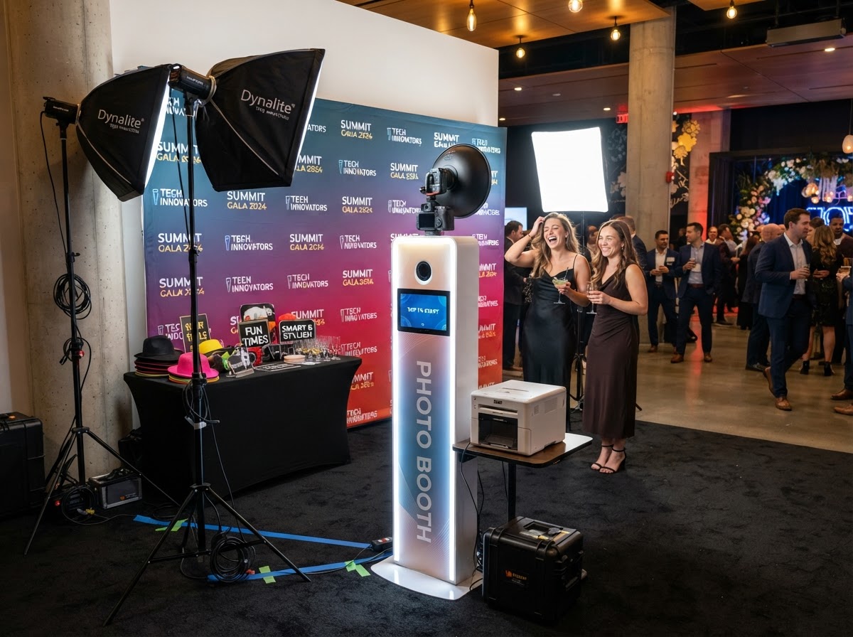 Photo booth setup with lighting backdrop and guest space
