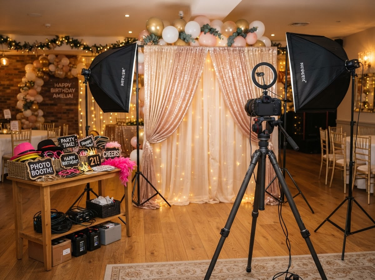 Birthday photo booth backdrop props and lighting setup