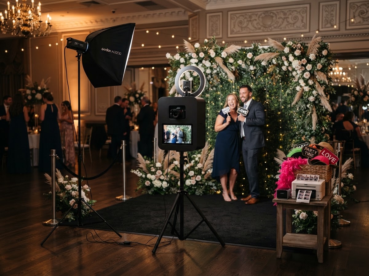 Professional photo booth equipment and backdrop setup