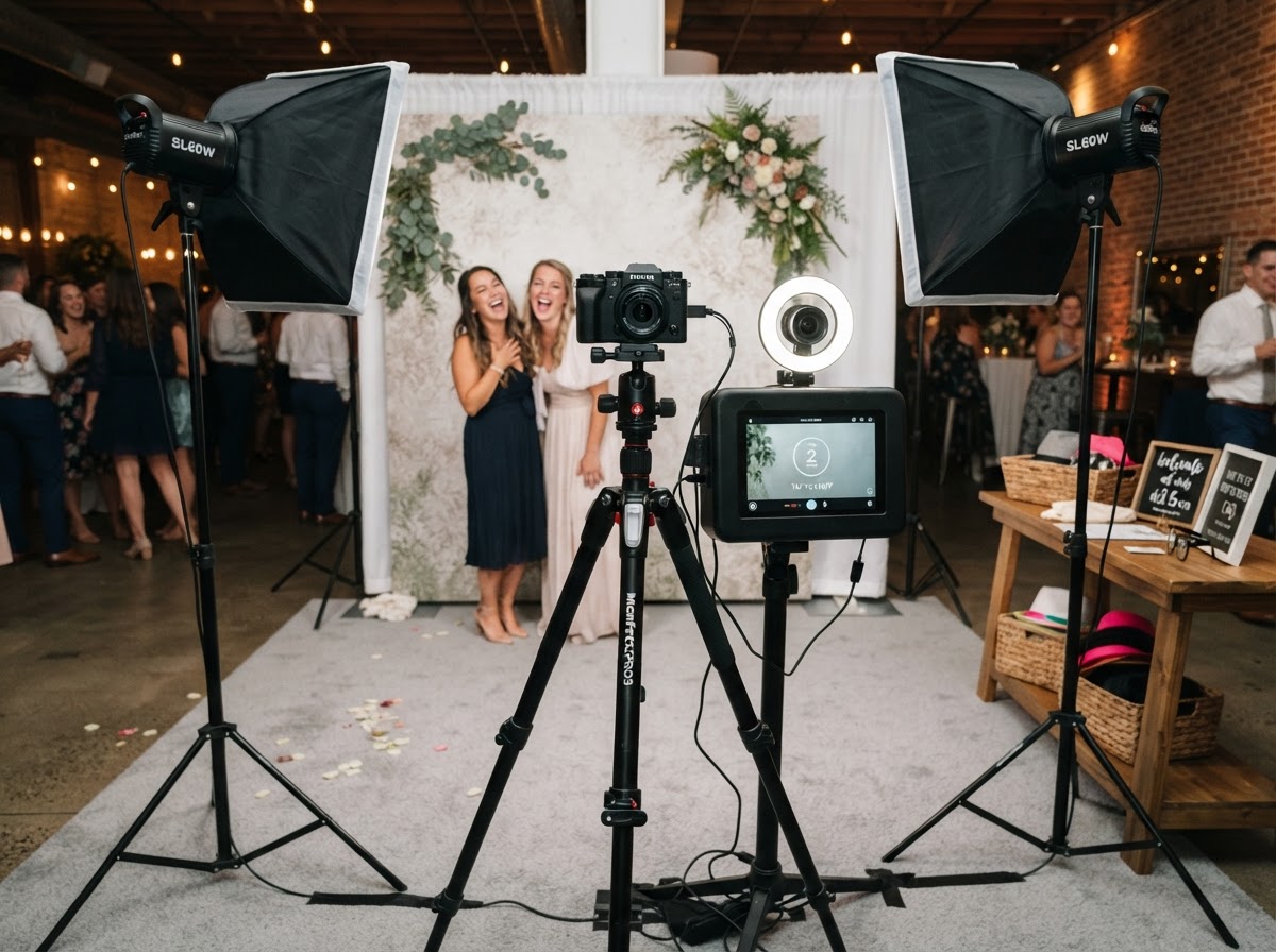 Open-air photo booth setup with backdrop and lighting