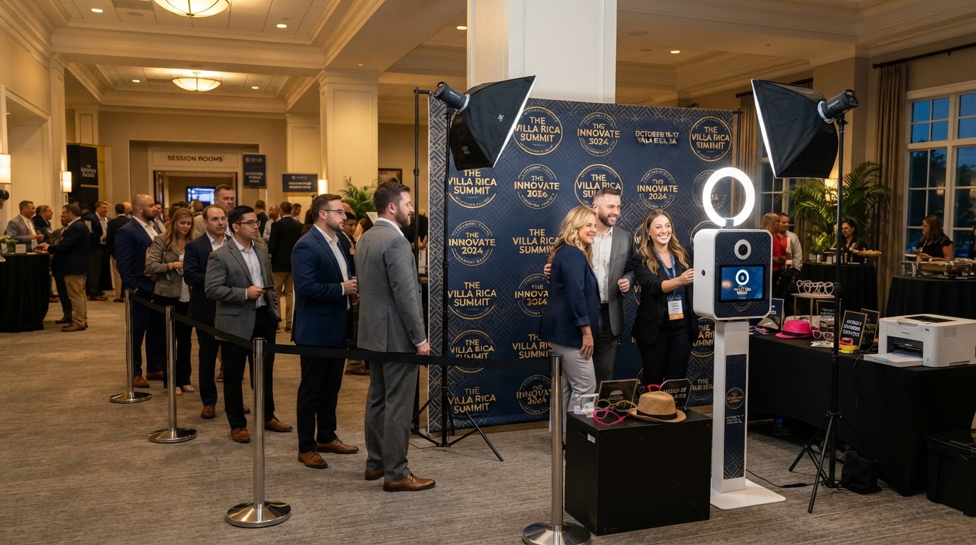 Corporate photo booth setup and guest flow in Villa Rica