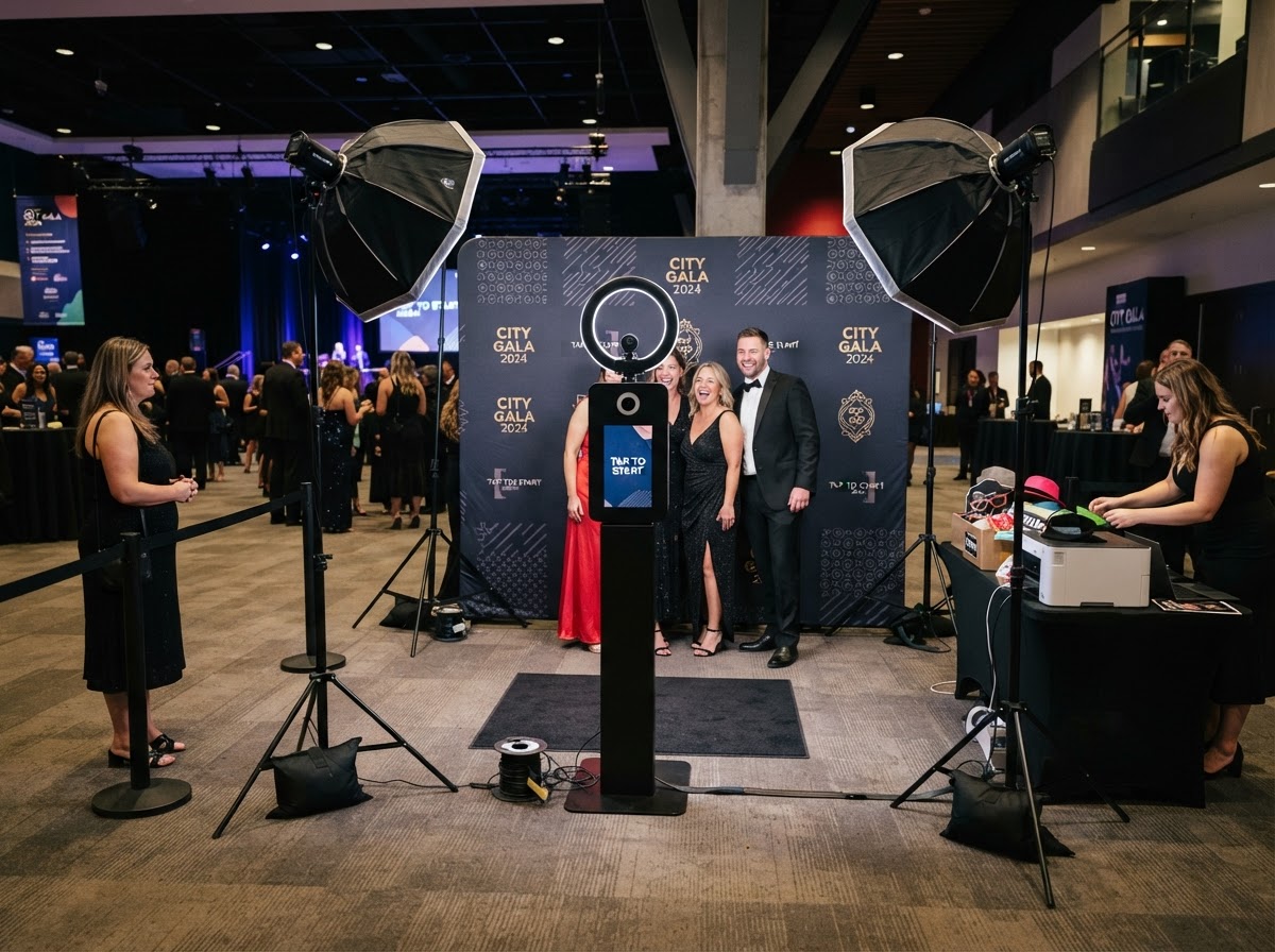 Photo booth setup lighting and guest flow in Douglasville