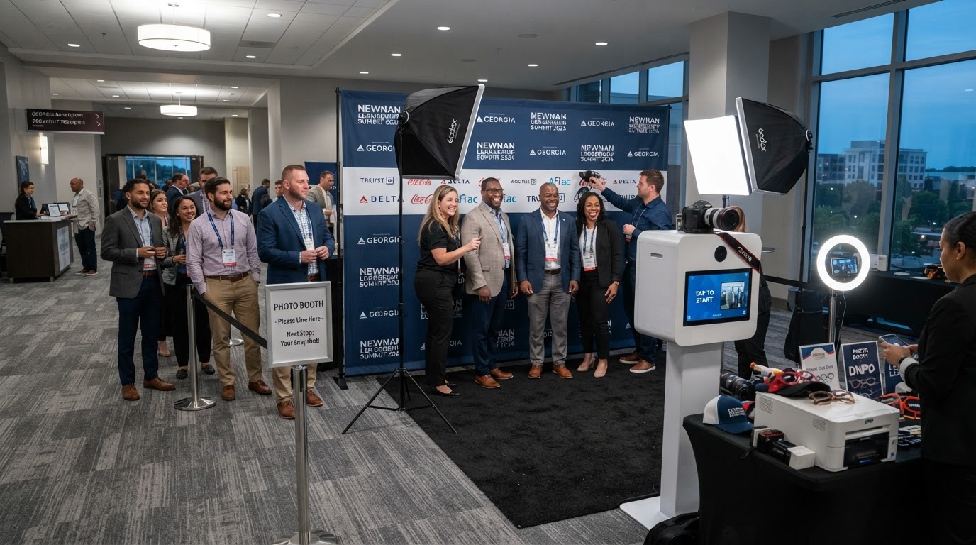 Corporate photo booth setup and guest queue in Newnan