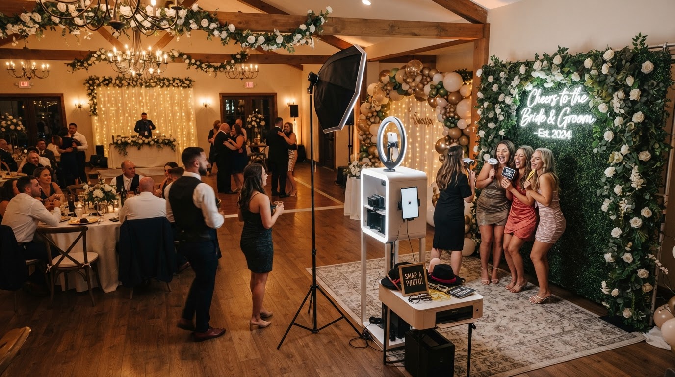 Wedding photo booth setup and guest flow in Villa Rica