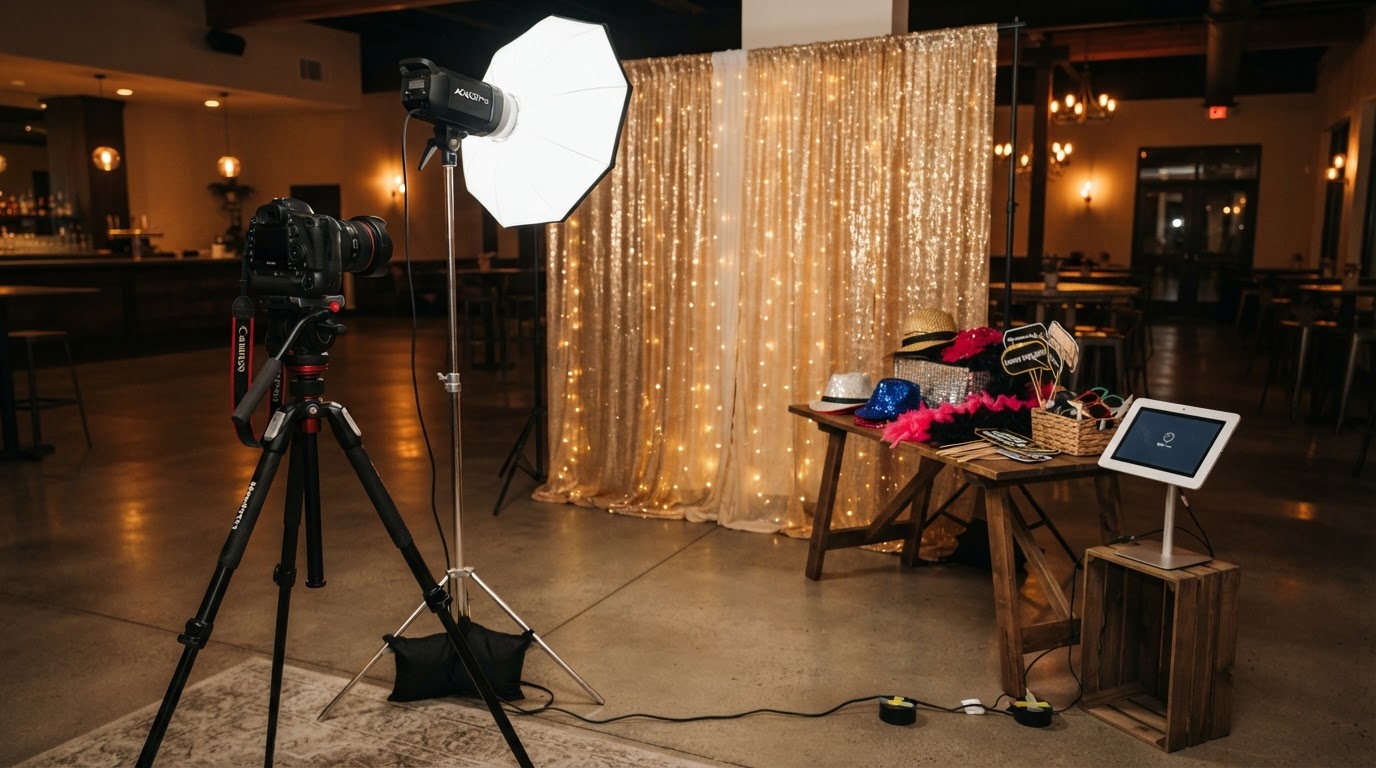 Party photo booth backdrop props and lighting setup