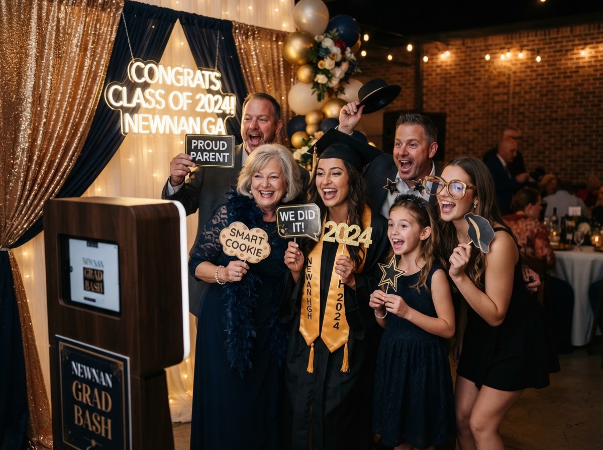 Guests using a party photo booth in Newnan