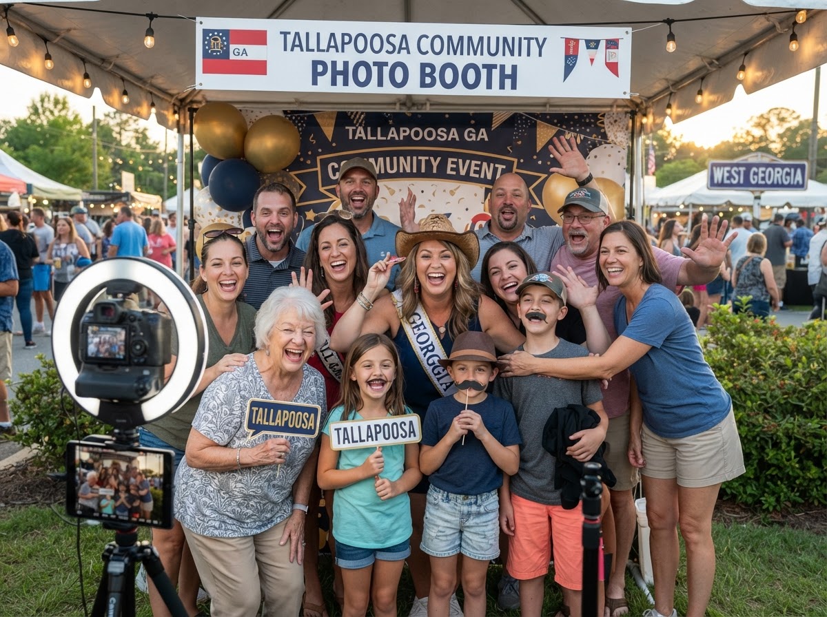 Guests using a photo booth at a Tallapoosa community event