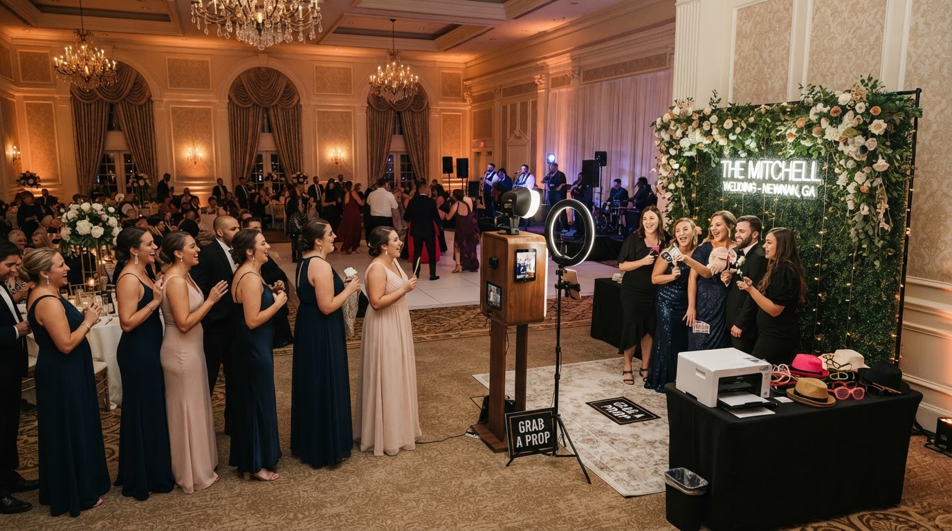 Wedding photo booth setup and guest flow in Newnan