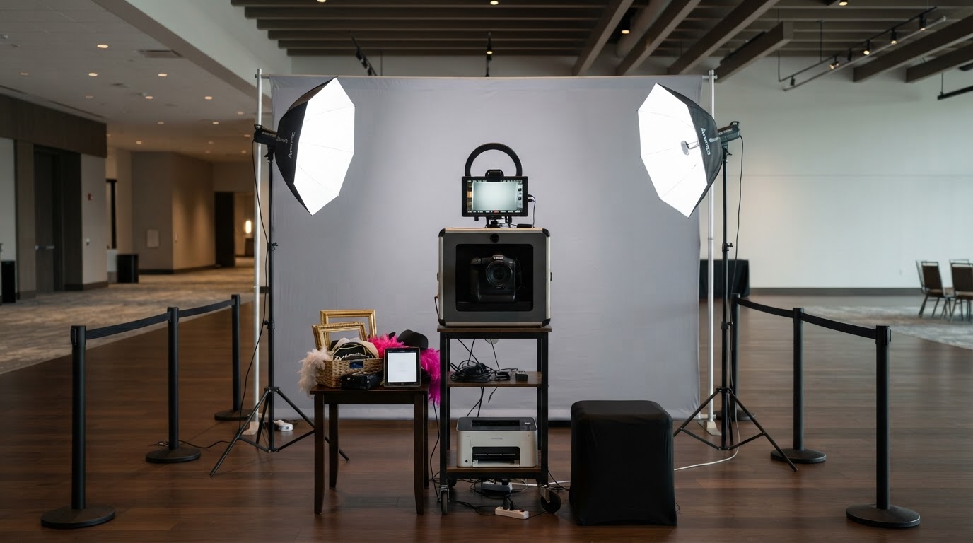 Corporate photo booth setup with professional lighting and backdrop