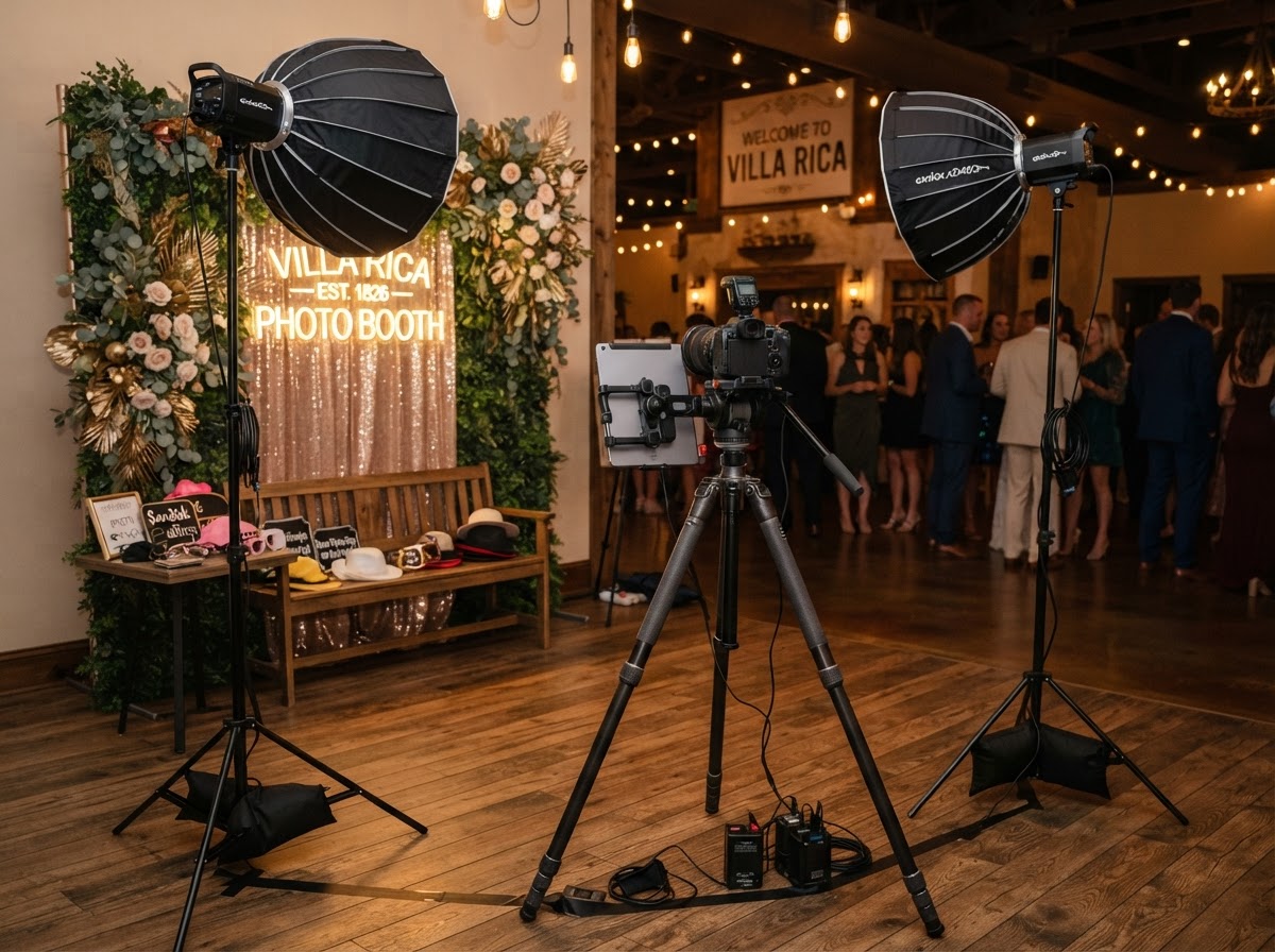 Open-air photo booth lighting and backdrop in Villa Rica