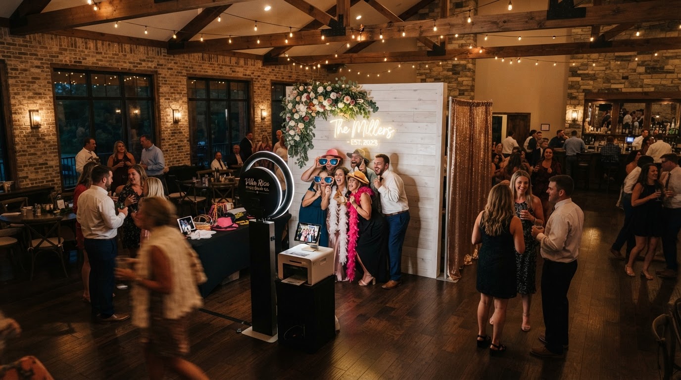 Party photo booth setup and guest space in Villa Rica