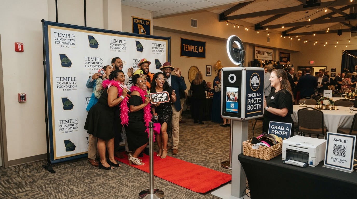 Photo booth setup and guest flow at a Temple event