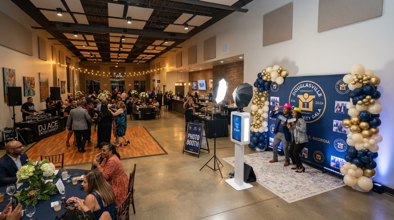 Party photo booth setup and guest space in Douglasville