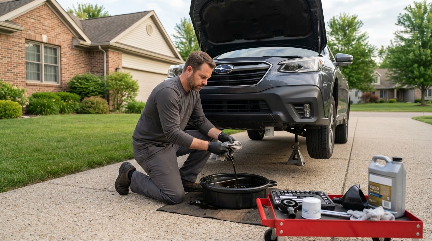 Mobile oil change service at a vehicle location in Walker Michigan.