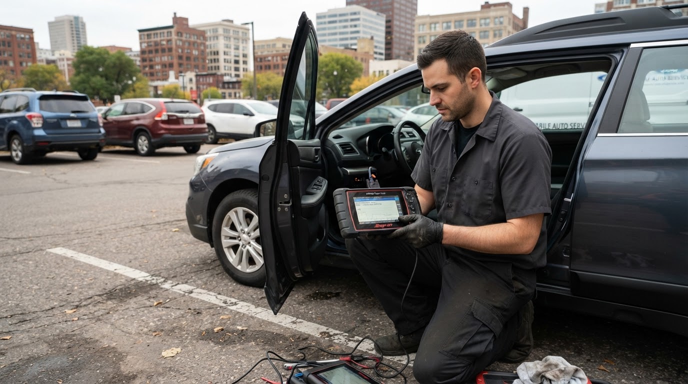 Mobile car diagnostic service at a workplace in Grand Rapids Michigan.
