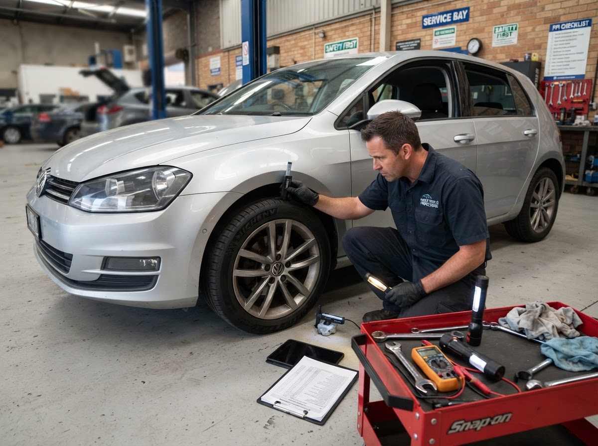 Tire brake and exterior condition review during a used car inspection in Walker Michigan.