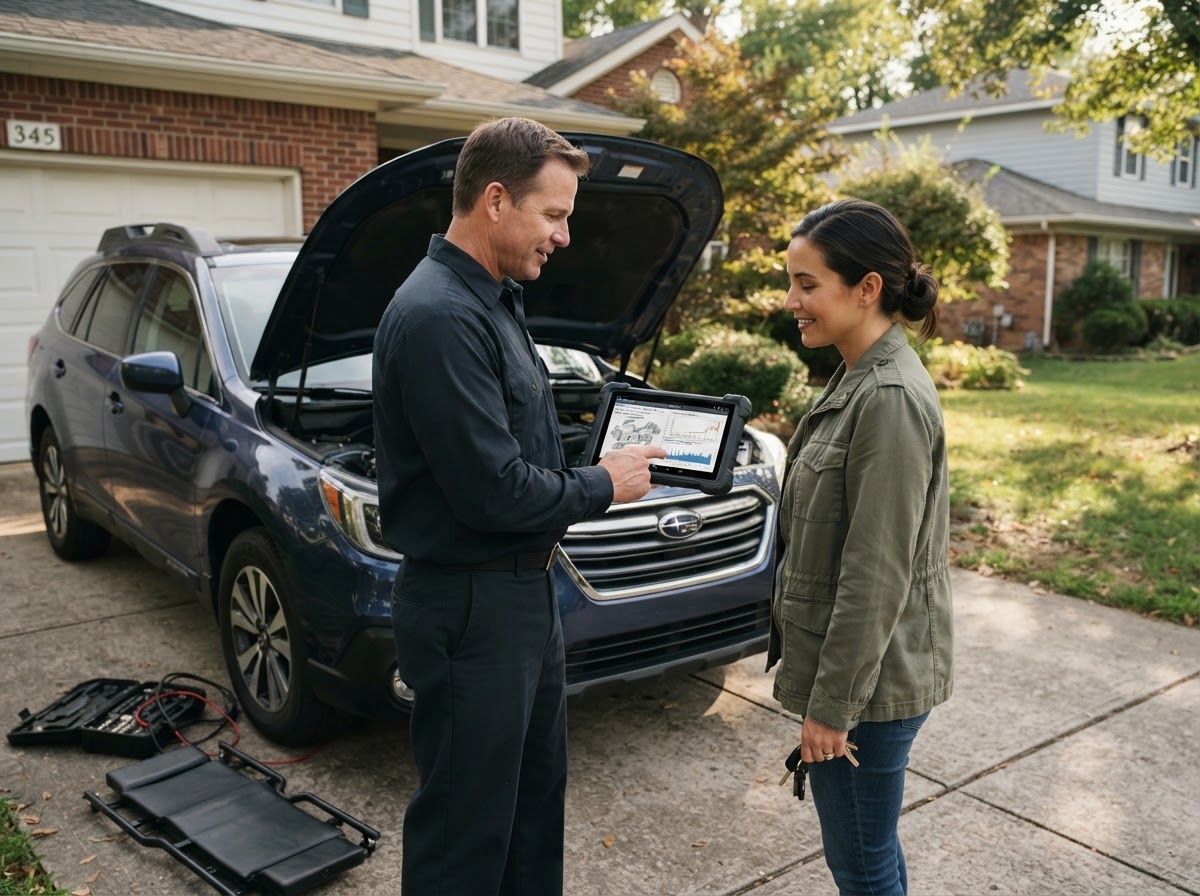 Mobile mechanic explaining diagnostic findings to a Walker driver.