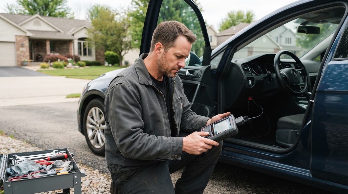 Mobile mechanic diagnosing a vehicle in Walker Michigan.