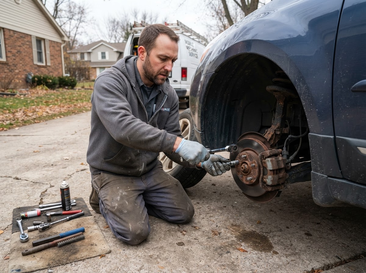 Mobile brake hardware inspection in Grand Rapids Michigan.