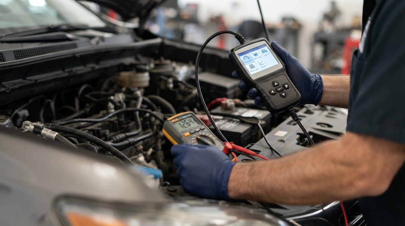 Mobile auto diagnostic tools used during vehicle testing in Walker.