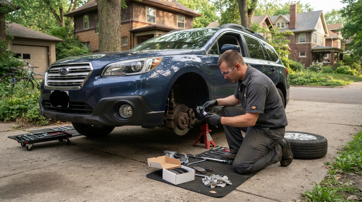Mobile brake service at a home in Grand Rapids MI.