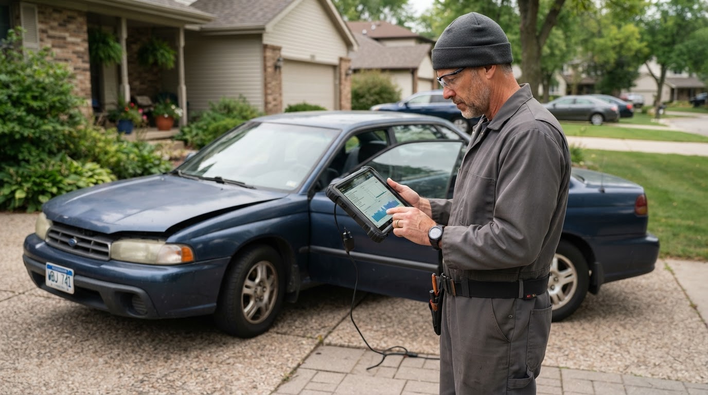 Experienced mobile mechanic assessing a vehicle in Walker Michigan.