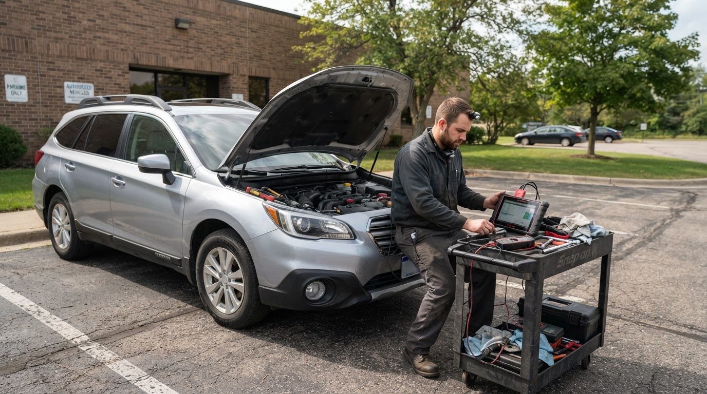 Roadside mobile mechanic assistance at a safe vehicle location in Walker Michigan.