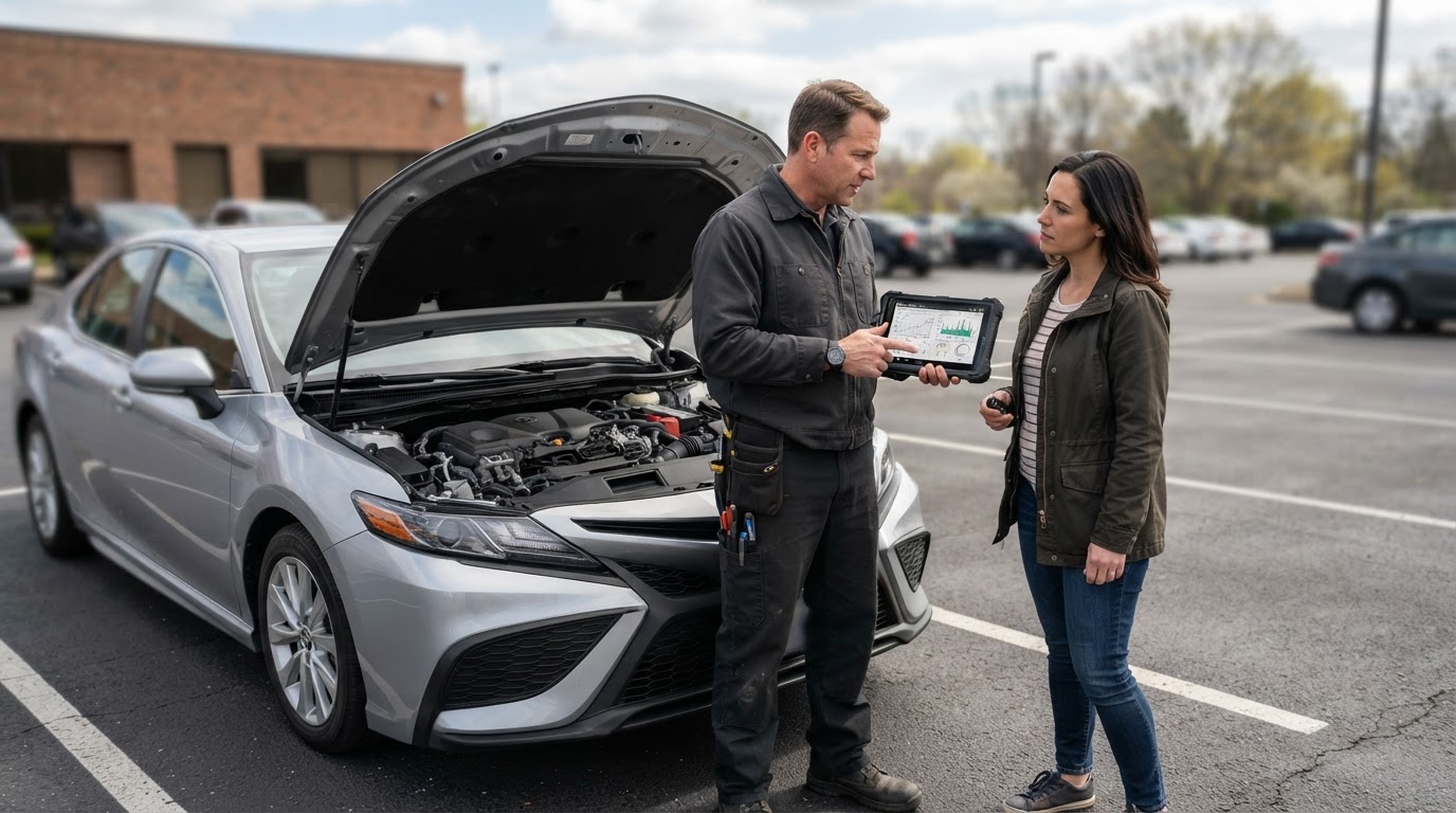 Mobile mechanic explaining vehicle diagnostic findings in Kentwood MI.