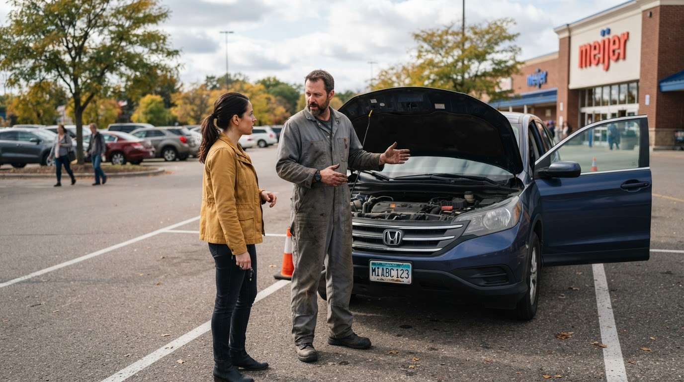 Walker driver receiving roadside vehicle service guidance from a mobile mechanic.