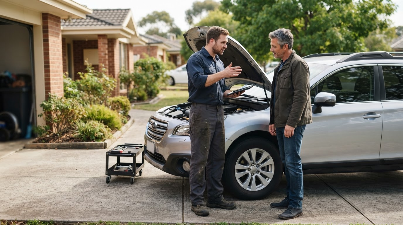 Mobile mechanic explaining vehicle service findings to a Walker driver.