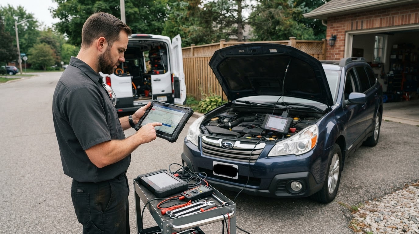 Mobile mechanic reviewing auto electrical diagnostic results in Walker Michigan.