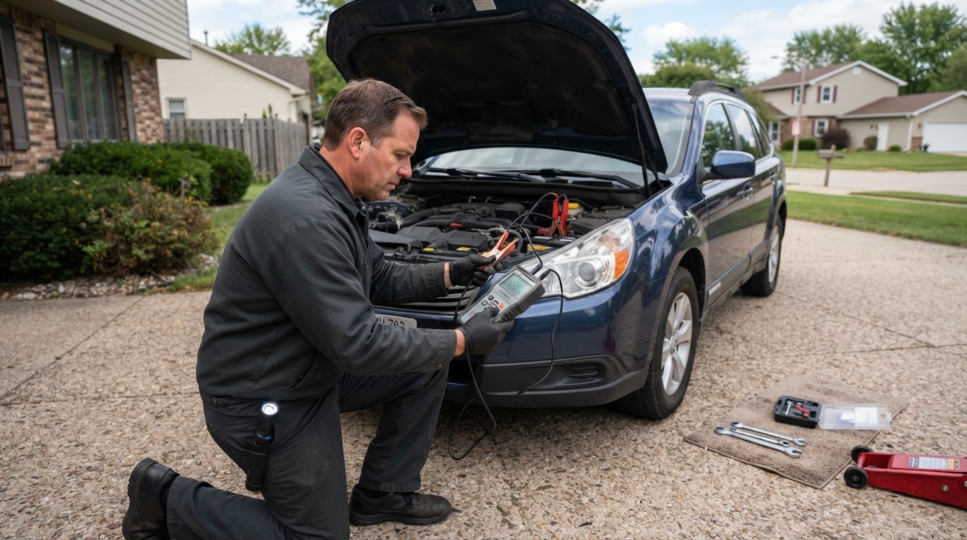 Mobile car battery testing and replacement service in Walker Michigan.